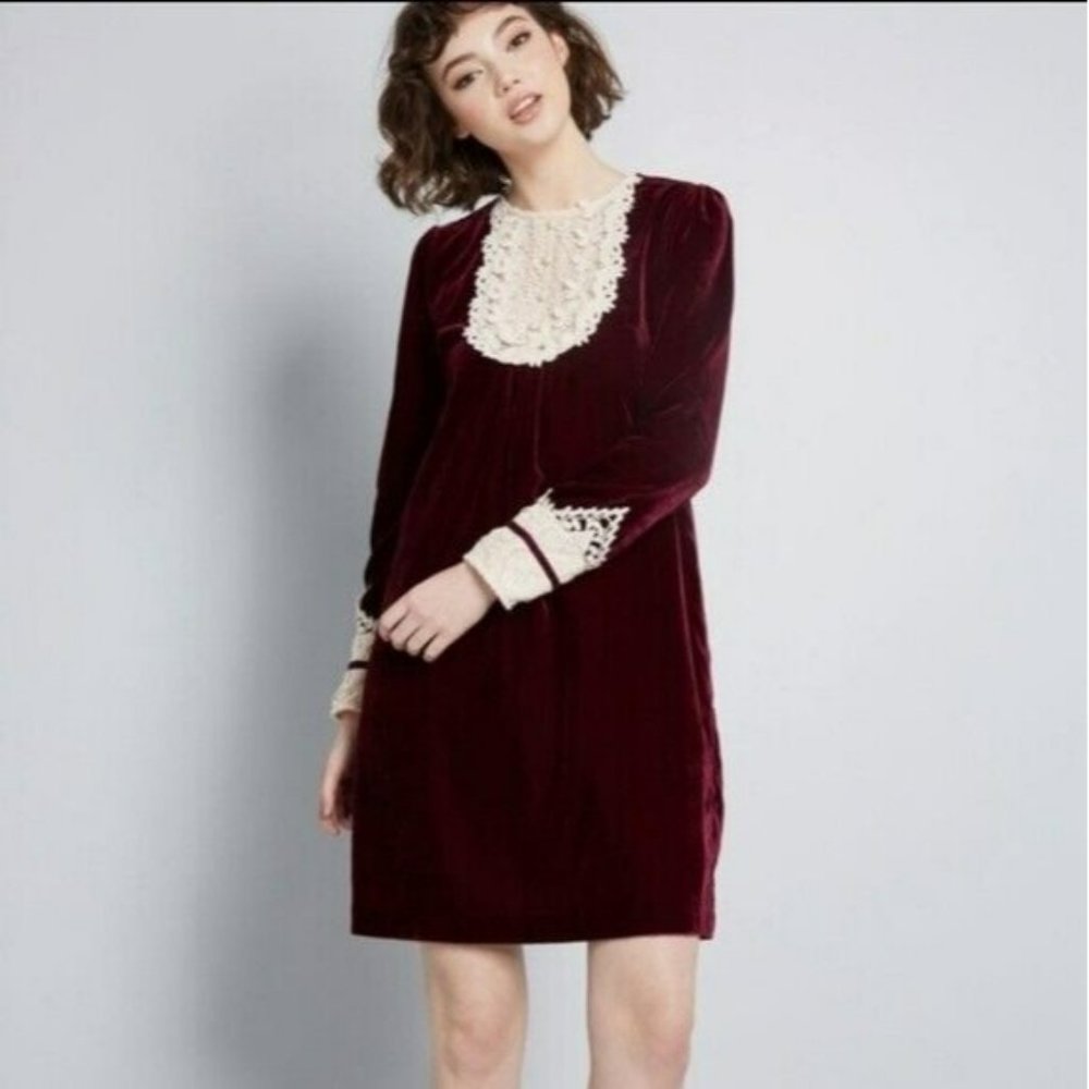 Anna Sui x Modcloth Burgundy and Cream Long Sleeve Dress